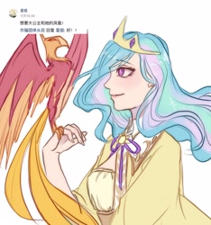 Size: 1500x1600 | Tagged: safe, artist:dez, imported from derpibooru, philomena, princess celestia, human, phoenix, crown, female, humanized, jewelry, regalia, simple background, white background