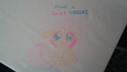 Size: 1280x720 | Tagged: safe, artist:furseiseki, imported from derpibooru, fluttershy, pony, crayon drawing, tablecloth, traditional art, writing