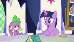 Size: 1920x1080 | Tagged: safe, imported from derpibooru, screencap, spike, twilight sparkle, alicorn, dragon, pony, sparkle's seven, book, cutie map, friendship throne, twilight sparkle (alicorn), winged spike, wings