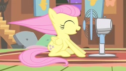 Size: 1280x720 | Tagged: safe, artist:pokerface3699, imported from derpibooru, fluttershy, pony, fan, female, filly, filly fluttershy, solo, windswept mane, younger