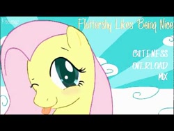 Size: 480x360 | Tagged: artist needed, safe, artist:foozogz, imported from derpibooru, fluttershy, pegasus, pony, :p, blushing, foozogz, needs more jpeg, one eye closed, sunburst background, tongue out, wink, youtube link, youtube thumbnail