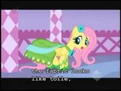 Size: 960x720 | Tagged: safe, edit, edited screencap, imported from derpibooru, screencap, fluttershy, pegasus, pony, suited for success, caption, clothes, dress, female, gala dress, image macro, mare, solo, text