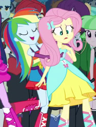 Size: 433x573 | Tagged: safe, imported from derpibooru, screencap, bright idea, curly winds, drama letter, fluttershy, golden hazel, indigo wreath, nolan north, rainbow dash, scribble dee, some blue guy, sophisticata, tennis match, watermelody, wiz kid, equestria girls, equestria girls (movie), boots, clothes, cropped, dress, fall formal outfits, female, hug, shoes, suit, tuxedo