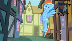 Size: 1280x720 | Tagged: safe, imported from derpibooru, screencap, rainbow dash, pegasus, pony, building