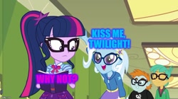 Size: 888x499 | Tagged: safe, edit, edited screencap, imported from derpibooru, screencap, sci-twi, snails, snips, trixie, twilight sparkle, best trends forever, equestria girls, equestria girls series, best trends forever: twilight sparkle, female, lesbian, meme, sci-twixie, shipping, the great and nerdy trixie, twixie
