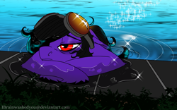 Size: 1920x1200 | Tagged: safe, artist:brainiac, imported from derpibooru, oc, oc only, oc:brainiac, pony, bags under eyes, black hair, black mane, crossed arms, curls, curly hair, curly mane, frown, goggles, hooves, male, red eyes, sad, solo, stallion, swimming, unshorn fetlocks, wet, wet mane