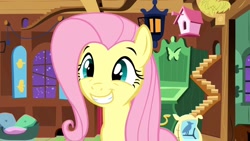 Size: 1280x720 | Tagged: safe, imported from derpibooru, screencap, fluttershy, pony, stare master, female, grin, mare, smiling, solo