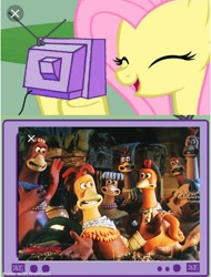 Size: 758x1000 | Tagged: safe, deleted from derpibooru, imported from derpibooru, fluttershy, pony, chicken run, exploitable meme, eyes closed, meme, obligatory pony, smiling, television, tv meme, watermark