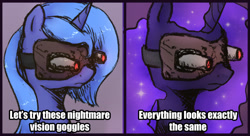 Size: 1211x658 | Tagged: safe, artist:plotcore, imported from derpibooru, nightmare moon, princess luna, alicorn, pony, /mlp/, 4chan, bust, comic, disappointment, drawthread, female, funny, funny as hell, meme, nightmare moon vision goggles, nightmare vision goggles, ponified meme, s1 luna, simple background, solo