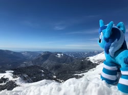 Size: 4032x3021 | Tagged: safe, artist:spacelight_unicorn, imported from derpibooru, oc, oc only, oc:spacelight, pony, unicorn, clothes, day, female, horn, irl, mare, mountain, photo, plushie, russia, scenery, snow, socks, solo, striped socks, unicorn oc, winter