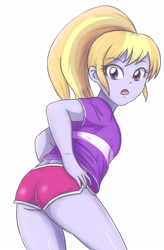 Size: 1942x2968 | Tagged: safe, artist:sumin6301, imported from derpibooru, cloudy kicks, equestria girls, ass, butt, clothes, cloudy booty, female, looking back, open mouth, shorts, simple background, solo, surprised, white background