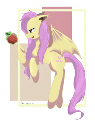 Size: 1124x1464 | Tagged: safe, artist:minor理, imported from derpibooru, fluttershy, bat pony, pony, apple, bat ponified, female, flutterbat, food, mare, race swap, solo