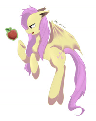 Size: 1124x1420 | Tagged: safe, artist:minor理, imported from derpibooru, fluttershy, bat pony, pony, apple, bat ponified, female, flutterbat, food, looking at something, mare, profile, race swap, simple background, solo, spread wings, white background, wings