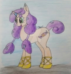 Size: 1024x1057 | Tagged: safe, artist:rainbowmoon27, imported from derpibooru, oc, oc only, oc:taffy swirl, pony, unicorn, female, hoof shoes, horn, parent:pinkie pie, signature, smiling, solo, traditional art, unicorn oc