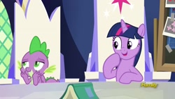 Size: 1920x1080 | Tagged: safe, imported from derpibooru, screencap, spike, twilight sparkle, alicorn, dragon, sparkle's seven, book, cute, cutie map, twiabetes, twilight sparkle (alicorn), winged spike, wings