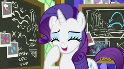 Size: 1920x1080 | Tagged: safe, imported from derpibooru, screencap, rarity, pony, sparkle's seven, chalkboard, female, laughing, mare, solo