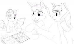 Size: 1280x766 | Tagged: safe, artist:silfoe, imported from derpibooru, night light, princess luna, twilight sparkle, twilight velvet, oc, oc:pterus, bat pony, pony, unicorn, royal sketchbook, adopted offspring, bat pony oc, chocolate, colt, cup, cute, ear fluff, female, food, grandparent and grandchild moment, grandparents, grayscale, hot chocolate, lesbian, male, mare, marshmallow, monochrome, mug, nightvelvet, ocbetes, parent:princess luna, parent:twilight sparkle, parents:twiluna, photo, photo album, shipping, silfoe is trying to murder us, simple background, sippy cup, sketch, spread wings, stallion, straight, trio, twiluna, velvetbetes, white background, wings