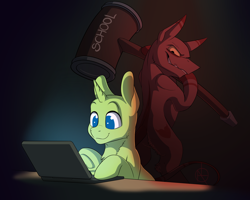 Size: 2500x2000 | Tagged: safe, artist:klarapl, imported from derpibooru, oc, oc only, pony, unicorn, anticipation, bald, computer, cute, dramatic lighting, female, grin, hammer, laptop computer, life, looking at someone, looking at something, male, mare, markings, meme, metaphor, oblivious, ponysona, reality sucks, relatable, school, simple background, sitting, smiling, stallion, standing, yellow eyes