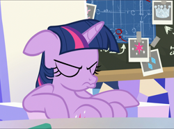 Size: 1323x983 | Tagged: safe, imported from derpibooru, screencap, twilight sparkle, alicorn, pony, sparkle's seven, chalkboard, cropped, duckface, eyes closed, female, floppy ears, friendship throne, grumpy, grumpy twilight, madorable, mare, pouting, sitting, slouching, solo, twilight sparkle (alicorn)