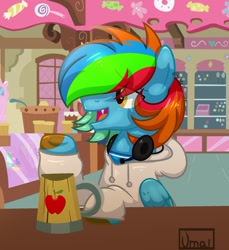 Size: 1977x2157 | Tagged: artist needed, source needed, useless source url, safe, imported from derpibooru, oc, oc only, pegasus, pony, apple cider, cider, clothes, fangs, folded wings, headphones, headset, hoodie, lidded eyes, long sleeves, male, mug, open mouth, rainbow hair, shirt, short mane, sitting, smiling, solo, stallion, sugarcube corner, table, tankard, underhoof, undershirt, wings