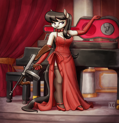 Size: 2500x2596 | Tagged: safe, artist:king-kakapo, imported from derpibooru, octavia melody, anthro, earth pony, unguligrade anthro, bow, breasts, cleavage, clothes, commission, dress, evening gloves, female, gloves, guitar case, gun, long gloves, mafia, mafia octavia, mare, musical instrument, piano, red dress, shoes, side slit, solo, stockings, thigh highs, tommy gun, total sideslit, weapon