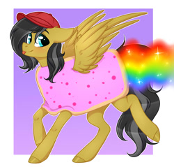 Size: 1100x1050 | Tagged: safe, artist:kannakiller, imported from derpibooru, oc, oc only, pegasus, pony, cap, colored hooves, food, hat, not daring do, nyan cat, pegasus oc, poptart, solo, tongue out, wings, ych result