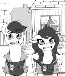 Size: 2085x2425 | Tagged: safe, artist:devidevidevil, imported from derpibooru, oc, oc only, oc:darren cuffs, oc:veronica cuffs, earth pony, pegasus, pony, brother and sister, bulletproof vest, car, clothes, duo, female, grayscale, looking at you, male, mare, monochrome, open mouth, police, police car, police pony, shirt, stallion