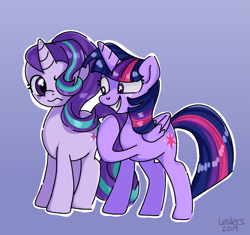 Size: 1899x1787 | Tagged: safe, artist:leslers, imported from derpibooru, starlight glimmer, twilight sparkle, alicorn, pony, unicorn, cute, duo, female, glimmerbetes, hair flip, hair over one eye, mare, purple background, simple background, smiling, twiabetes, twilight sparkle (alicorn)