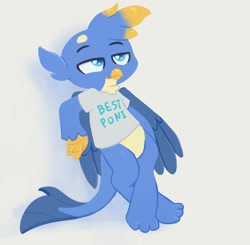 Size: 1635x1600 | Tagged: safe, artist:swerve-art, imported from derpibooru, gallus, griffon, best griffon, best pony, bipedal, blatant lies, clothes, cute, gallabetes, gray background, leaning back, lidded eyes, male, shirt, simple background, solo