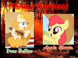 Size: 2048x1536 | Tagged: safe, deleted from derpibooru, edit, edited screencap, editor:lonely fanboy48, imported from derpibooru, screencap, apple bloom, pear butter, the perfect pear, apple family, applejack's hat, cowboy hat, cute, family, female, forest, guitar, happy, hat, mother and daughter, shipping