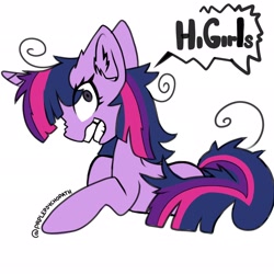 Size: 2048x2048 | Tagged: safe, artist:prplepsychopath, imported from derpibooru, twilight sparkle, pony, unicorn, lesson zero, dialogue, ear fluff, eye clipping through hair, female, hi girls, insanity, prone, simple background, solo, speech bubble, twilight snapple, unicorn twilight, white background