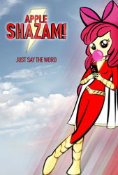 Size: 674x1000 | Tagged: safe, artist:dan232323, imported from derpibooru, apple bloom, equestria girls, bubblegum, cape, clothes, crossover, female, food, gum, shazam, solo, superhero