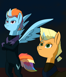 Size: 1503x1745 | Tagged: safe, artist:chedx, imported from derpibooru, applejack, rainbow dash, earth pony, pegasus, pony, comic:the storm kingdom, my little pony: the movie, alternate timeline, bad end, command 6, commander applejack, commander rainbow dash, cropped, crystal of light