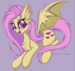 Size: 1462x1400 | Tagged: safe, artist:prplepsychopath, imported from derpibooru, fluttershy, bat pony, pony, bat ponified, chest fluff, colored pupils, cute, ear fluff, female, flutterbat, open mouth, purple background, race swap, shyabates, shyabetes, simple background, solo