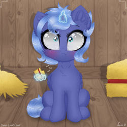 Size: 3500x3500 | Tagged: safe, artist:darkest-lunar-flower, imported from derpibooru, princess luna, alicorn, pony, :t, blushing, chest fluff, cute, ear fluff, eating, female, filly, glowing horn, hay, herbivore, horses doing horse things, levitation, lunabetes, magic, nom, sitting, solo, telekinesis, woona, younger