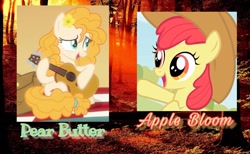 Size: 2048x1264 | Tagged: safe, imported from derpibooru, apple bloom, pear butter, pony, apple family, applejack's hat, autumn, cowboy hat, cute, duo, female, filly, flower, flower in hair, forest, guitar, hat, mother and daughter