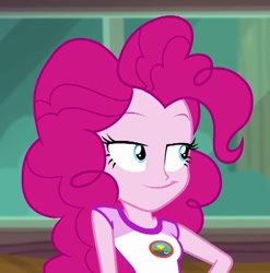Size: 439x444 | Tagged: safe, imported from derpibooru, screencap, pinkie pie, equestria girls, legend of everfree, bust, camp everfree outfits, cropped, female, lidded eyes, solo