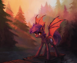 Size: 2286x1887 | Tagged: safe, artist:koviry, imported from derpibooru, oc, oc only, oc:dawn sentry, bat pony, pony, bat pony oc, crepuscular rays, female, forest, pier, solo, tree, water