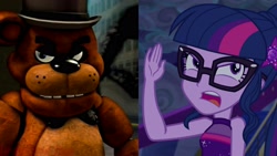 Size: 2560x1440 | Tagged: safe, edit, edited screencap, imported from derpibooru, screencap, sci-twi, twilight sparkle, equestria girls, equestria girls series, spring breakdown, spoiler:eqg series (season 2), 3d, angry, comparison, crossover, cruise outfit, five nights at freddy's, freddy fazbear, geode of telekinesis, magical geodes, scott cawthon, source filmmaker, the special strike, thehottest dog