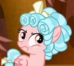 Size: 477x425 | Tagged: safe, edit, edited screencap, imported from derpibooru, screencap, cozy glow, lord tirek, pegasus, pony, the beginning of the end, cozy glow is best facemaker, cozy glow is not amused, cozybetes, cropped, curly mane, cute, eyeroll, female, filly, foal, freckles, hair ribbon, puffy cheeks, ribbon, solo focus