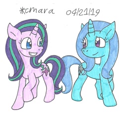 Size: 998x916 | Tagged: safe, artist:cmara, imported from derpibooru, starlight glimmer, trixie, pony, unicorn, smiling, traditional art