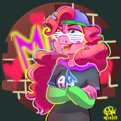 Size: 1024x1024 | Tagged: safe, artist:mkclaassic-arts, imported from derpibooru, pinkie pie, anthro, dance magic, equestria girls, spoiler:eqg specials, backwards ballcap, baseball cap, cap, clothes, crossed arms, female, graffiti, hat, heart, hoodie, mc pinkie, open mouth, rapper pie, shutter shades, solo, sunglasses