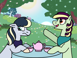 Size: 2048x1536 | Tagged: safe, artist:kindheart525, imported from derpibooru, oc, oc only, oc:acapella apple, oc:pristine melody, earth pony, pony, kindverse, cup, female, magical lesbian spawn, offspring, parent:applejack, parent:coloratura, parents:rarajack, sisters, teacup, teapot