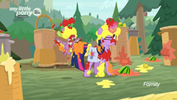 Size: 1920x1080 | Tagged: safe, imported from derpibooru, screencap, spike, twilight sparkle, alicorn, dragon, pony, the point of no return, annoyed, banana, basket, duo, female, flying, food, food fight, fruit, mare, messy, one eye closed, saddle bag, silver stable community, tomato, twilight sparkle (alicorn), watermelon, winged spike, wings