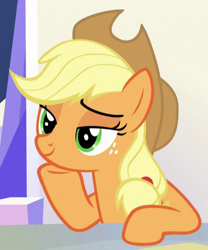 Size: 435x523 | Tagged: safe, imported from derpibooru, screencap, applejack, earth pony, pony, sparkle's seven, cropped, female, freckles, hoof on chin, lidded eyes, mare, raised hoof, sitting, solo