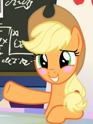Size: 748x1001 | Tagged: safe, imported from derpibooru, screencap, applejack, earth pony, pony, sparkle's seven, blushing, chalkboard, cropped, female, friendship throne, hat, mare, solo