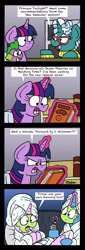 Size: 1063x3130 | Tagged: safe, artist:bobthedalek, imported from derpibooru, spike, starlight glimmer, trixie, twilight sparkle, alicorn, pony, unicorn, the point of no return, bathrobe, book, clothes, comic, exclamation point, female, glowing horn, hoof polish, interrobang, library, magic, magic aura, mare, misspelling, mud mask, question mark, robe, starlight's room, telekinesis, towel, towel on head, twilight sparkle (alicorn)