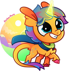 Size: 1354x1395 | Tagged: safe, artist:amberpone, imported from derpibooru, oc, oc only, oc:quilling needle, unicorn, big head, blue eyes, chest fluff, clothes, colorful, cute, digital art, eyes open, food, full body, fullbody, glowing horn, happy, lighting, looking up, magic, male, one leg raised, orange, paint tool sai, request, scarf, shading, simple background, smiling, stallion, sun, transparent background