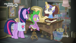 Size: 1920x1080 | Tagged: safe, imported from derpibooru, screencap, first folio, spike, twilight sparkle, alicorn, dragon, pony, unicorn, the point of no return, book, brooch, bucket, bust, chair, clothes, desk, discovery family logo, female, file cabinet, glasses, glowing horn, lamp, magic, magic aura, mare, messy, office, painting, portrait, saddle bag, scroll, shirt, sitting, stool, telekinesis, twilight sparkle (alicorn), winged spike, wings
