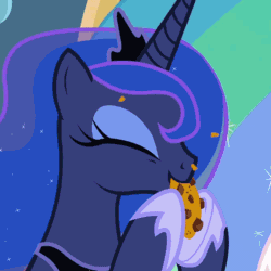 Size: 750x750 | Tagged: safe, edit, edited screencap, editor:lolledits, imported from derpibooru, screencap, princess celestia, princess luna, alicorn, pony, the beginning of the end, animated, cookie, cookie crumbs, cute, eating, female, food, gif, hnnng, lunabetes, nom, silly, silly pony, solo focus